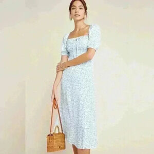 Faithfull The Brand Summer Floral Midi Dress Sky Blue XS 2 Smoked | Puff Sleeve